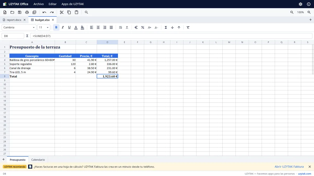 UZYTAK Office — Una hoja de cálculo con fórmula, formato de moneda y dos hojas