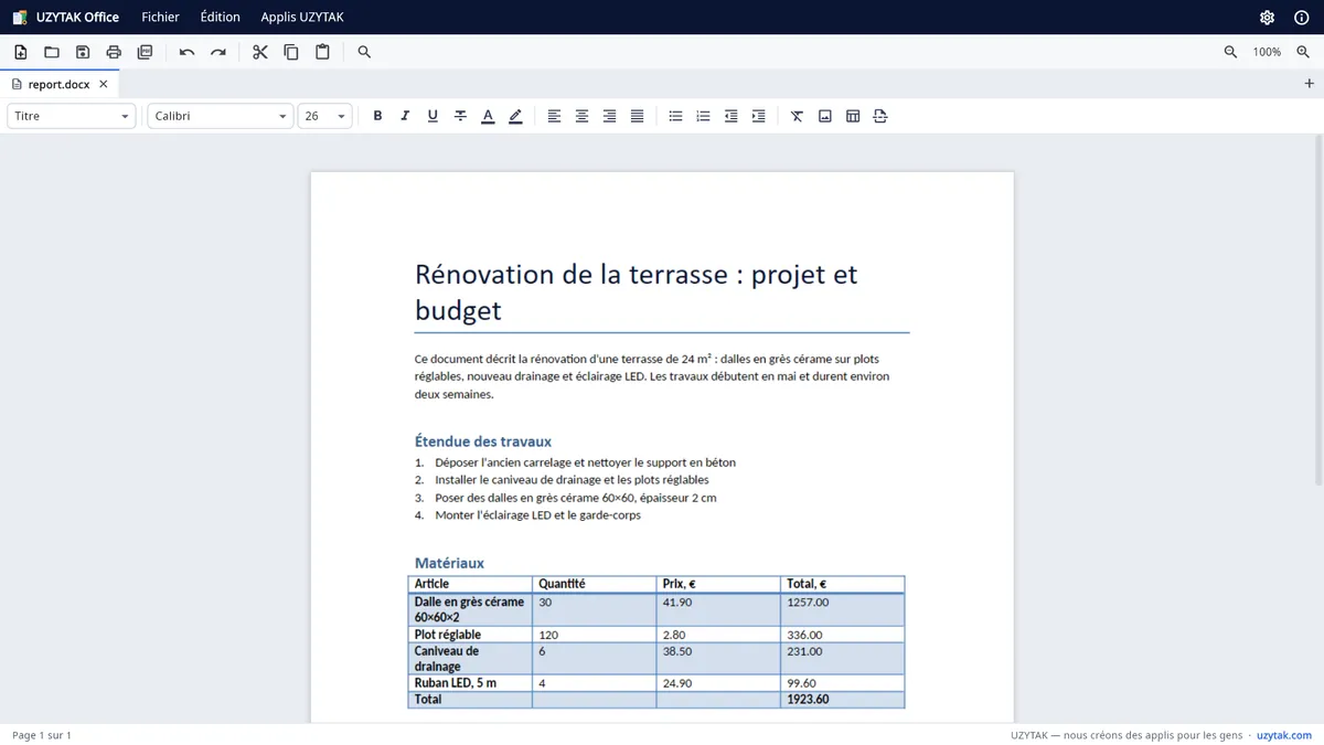 UZYTAK Office — Un document texte avec titres, liste et tableau