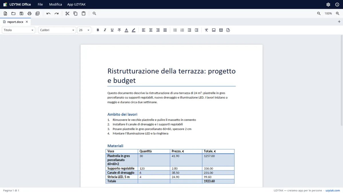 UZYTAK Office — Un documento di testo con titoli, un elenco e una tabella
