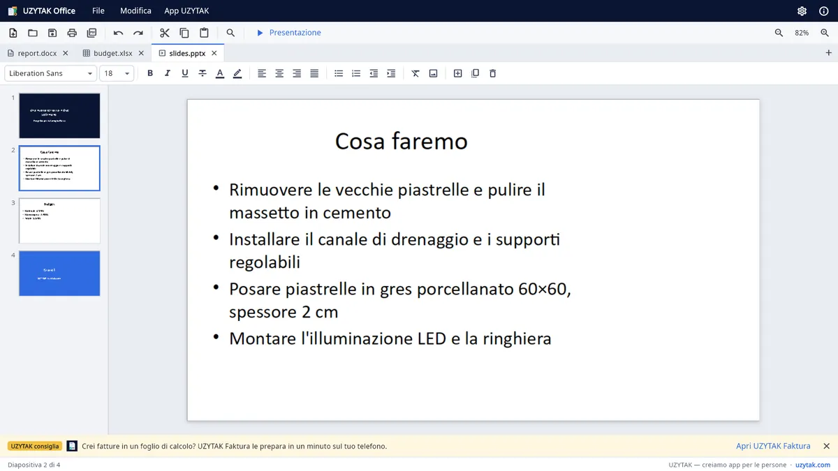 UZYTAK Office — Una presentazione con miniature delle diapositive