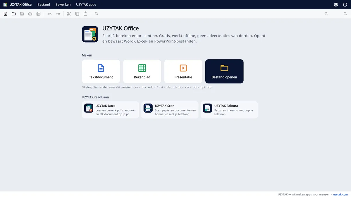 UZYTAK Office — Startscherm: nieuw document, spreadsheet of presentatie
