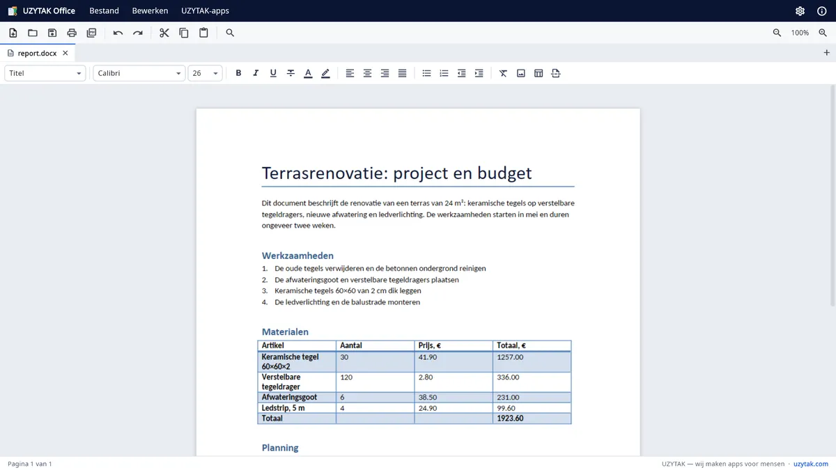 UZYTAK Office — Een tekstdocument met koppen, een lijst en een tabel