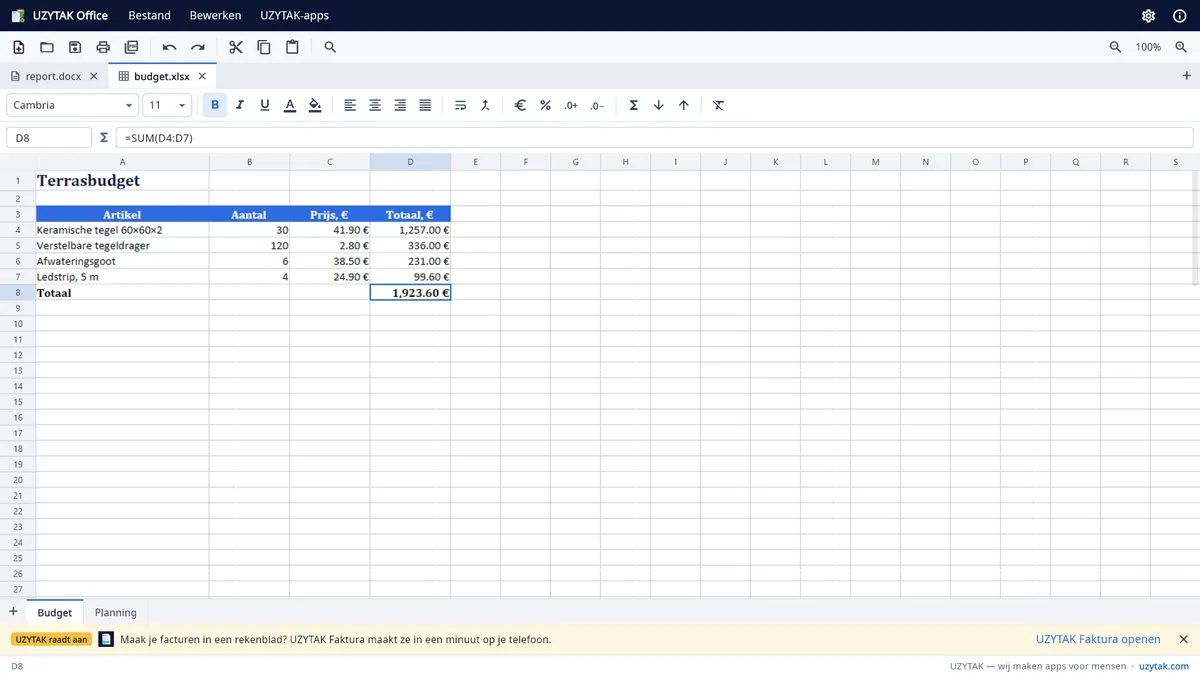 UZYTAK Office — Een spreadsheet met formule, valutanotatie en twee bladen