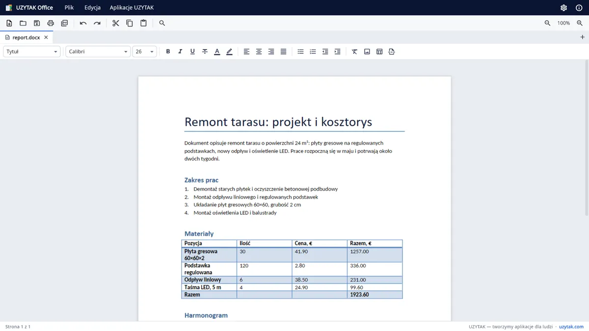 UZYTAK Office — Dokument tekstowy z nagłówkami, listą i tabelą