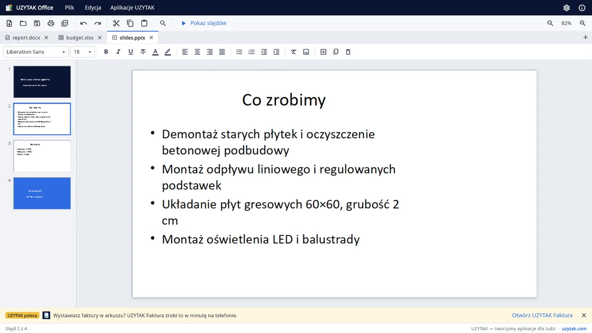 UZYTAK Office — Prezentacja z miniaturami slajdów