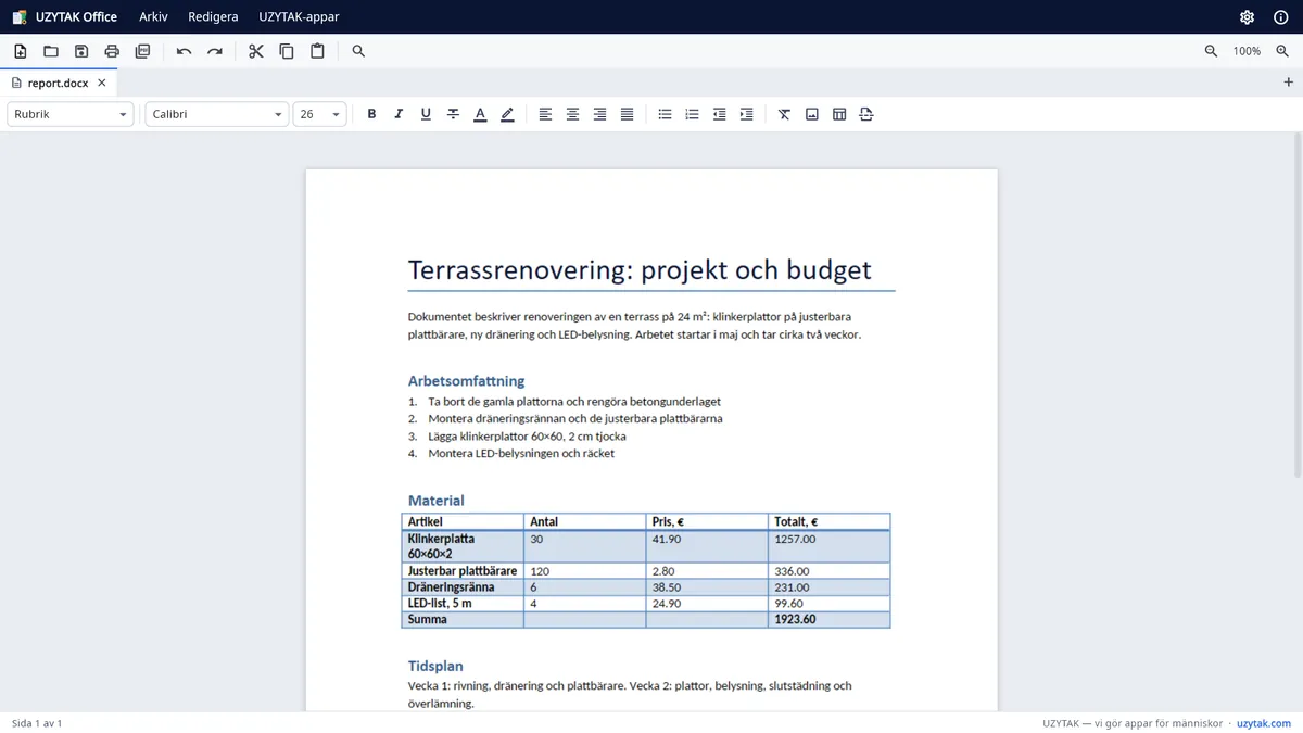 UZYTAK Office — Ett textdokument med rubriker, en lista och en tabell