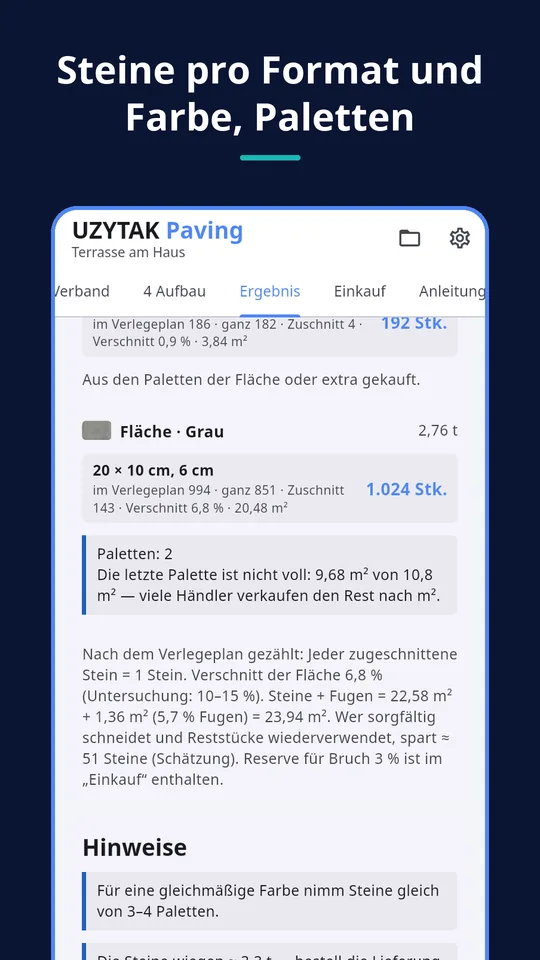 UZYTAK Paving — Steine pro Format und Farbe, Paletten