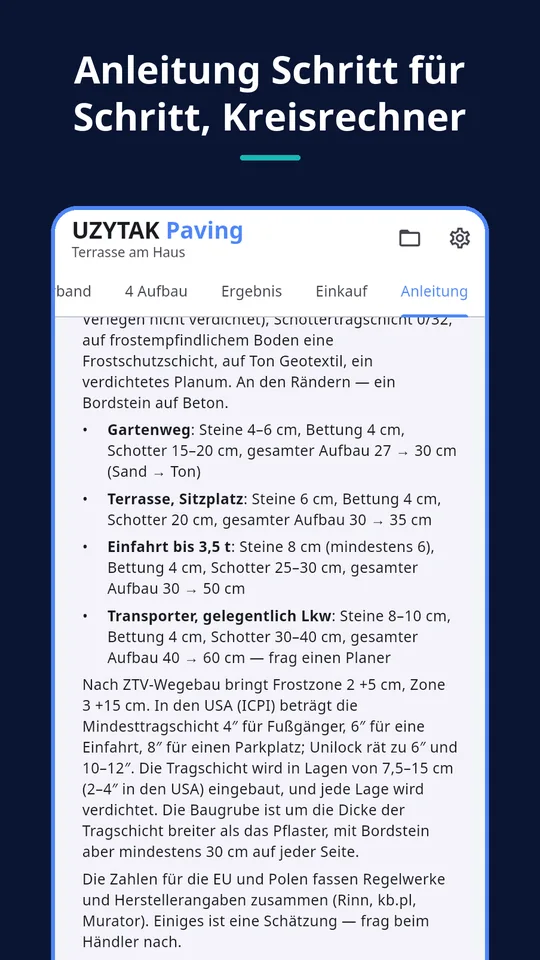 UZYTAK Paving — Anleitung Schritt für Schritt, Kreisrechner