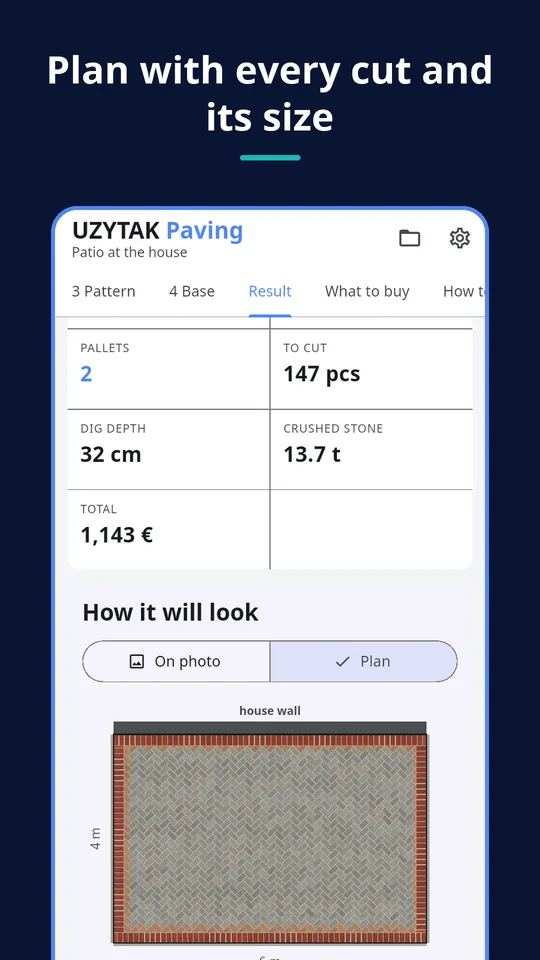 UZYTAK Paving — Plan with every cut and its size