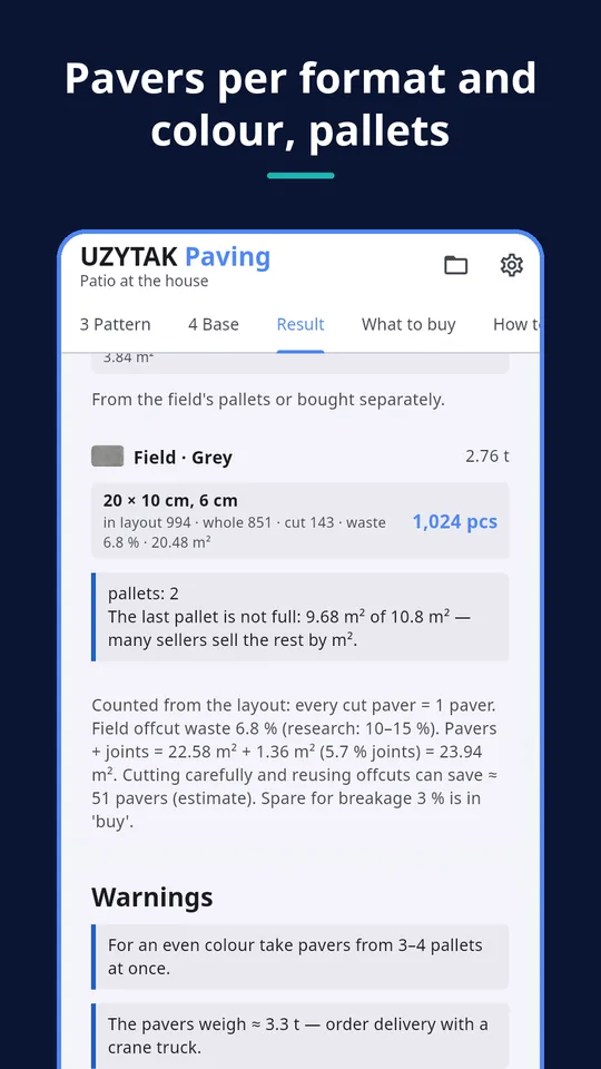 UZYTAK Paving — Pavers per format and colour, pallets