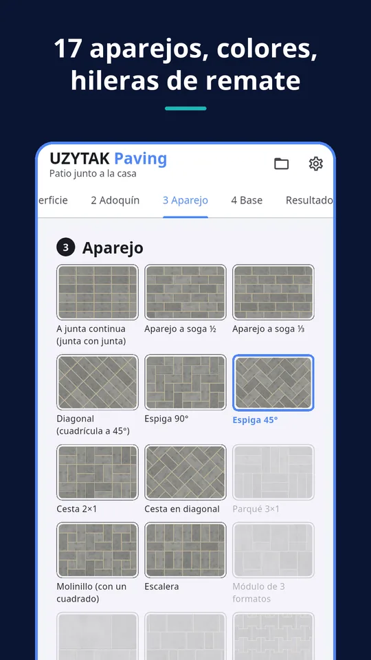 UZYTAK Paving — 17 aparejos, colores, hileras de remate