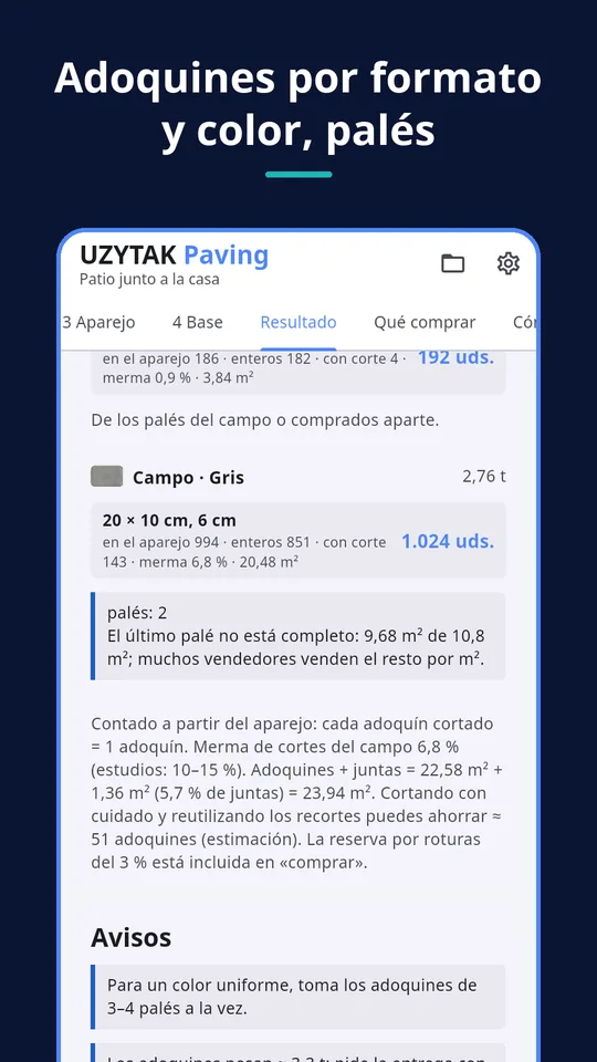 UZYTAK Paving — Adoquines por formato y color, palés