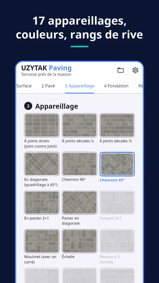 UZYTAK Paving — 17 appareillages, couleurs, rangs de rive