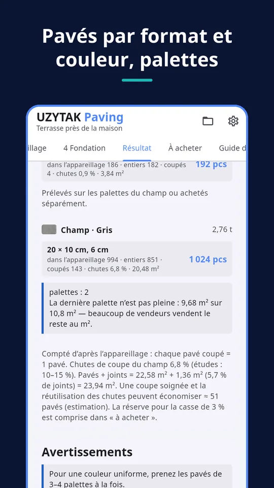 UZYTAK Paving — Pavés par format et couleur, palettes