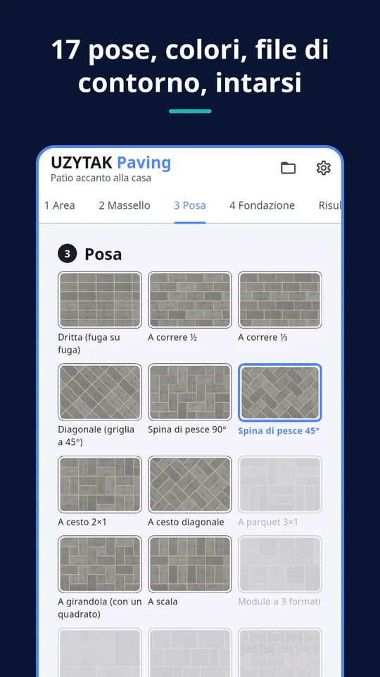 UZYTAK Paving — 17 pose, colori, file di contorno, intarsi