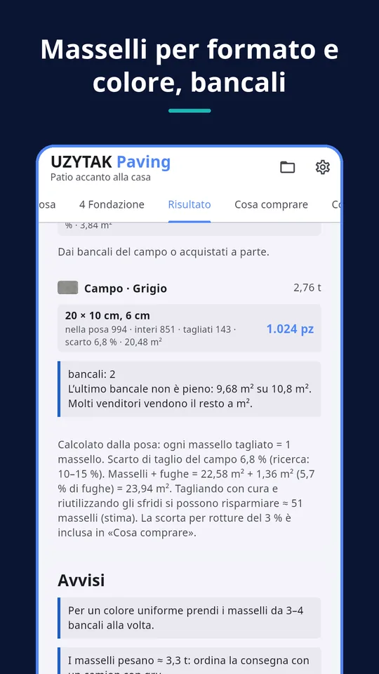 UZYTAK Paving — Masselli per formato e colore, bancali