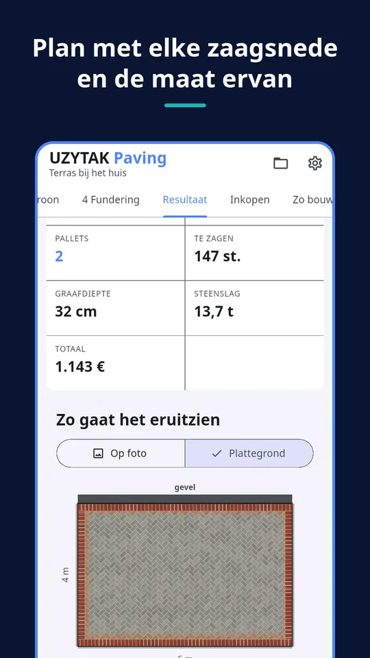 UZYTAK Paving — Plan met elke zaagsnede en de maat ervan