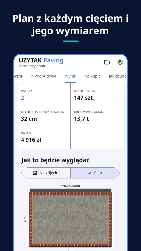 UZYTAK Paving — Plan z każdym cięciem i jego wymiarem