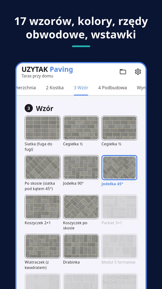 UZYTAK Paving — 17 wzorów, kolory, rzędy obwodowe, wstawki