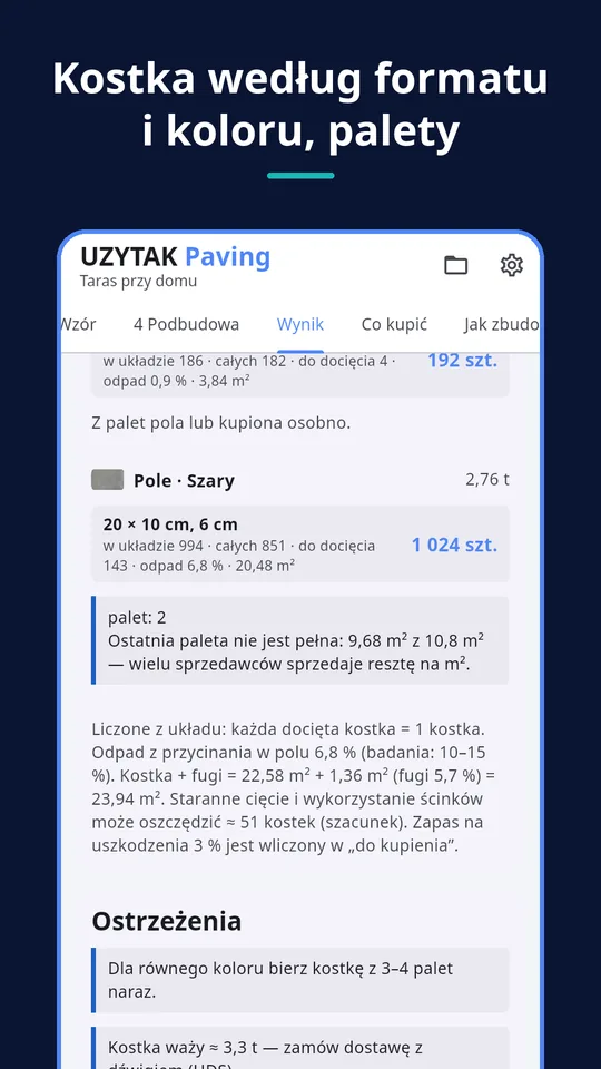 UZYTAK Paving — Kostka według formatu i koloru, palety