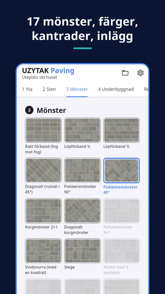 UZYTAK Paving — 17 mönster, färger, kantrader, inlägg