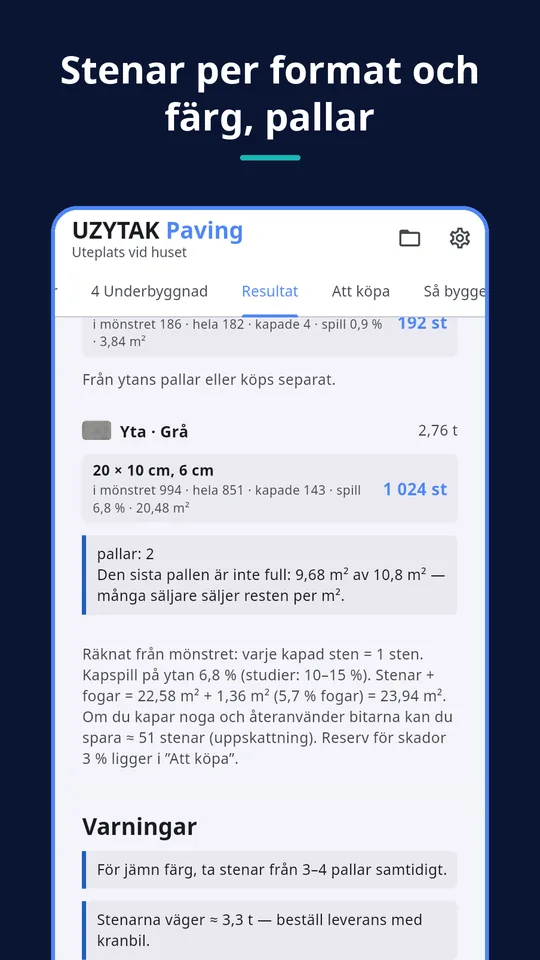 UZYTAK Paving — Stenar per format och färg, pallar