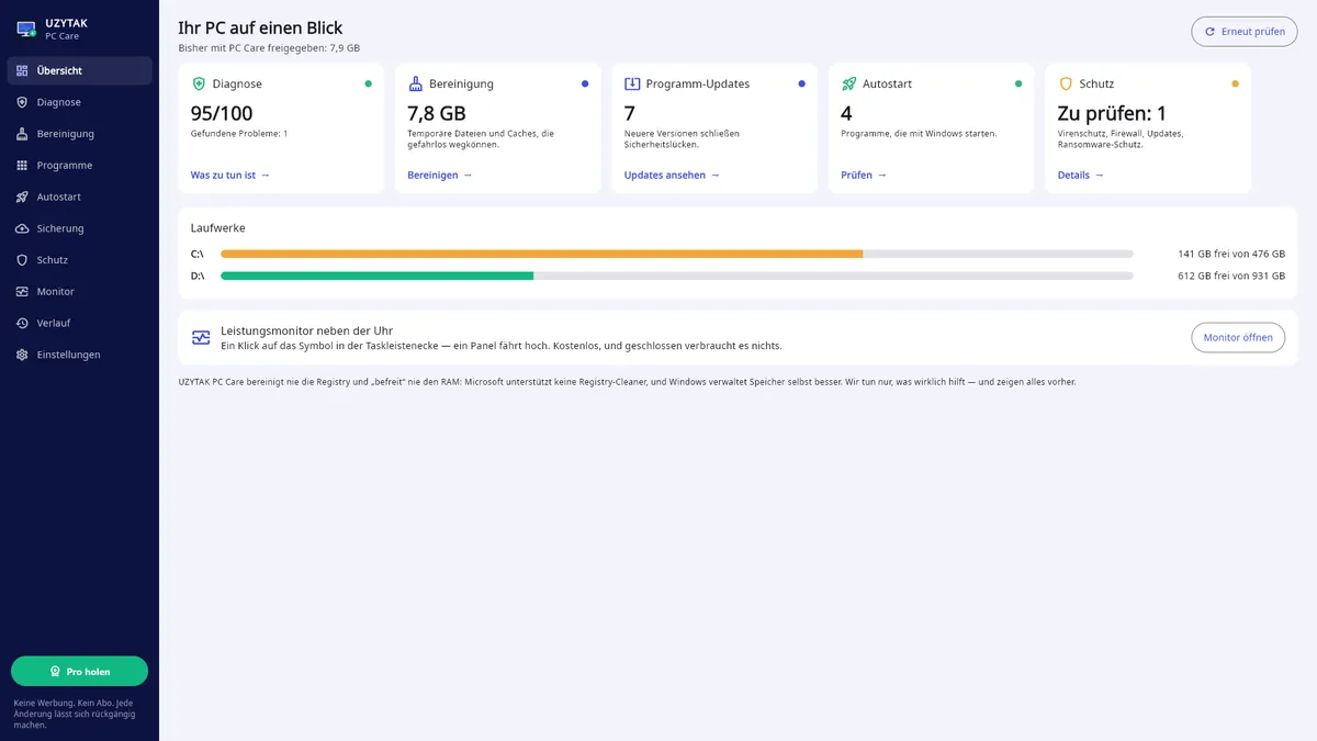 UZYTAK PC Care — Übersicht: Zustandswert, Datenmüll, Updates, Autostart, Schutz, Laufwerke