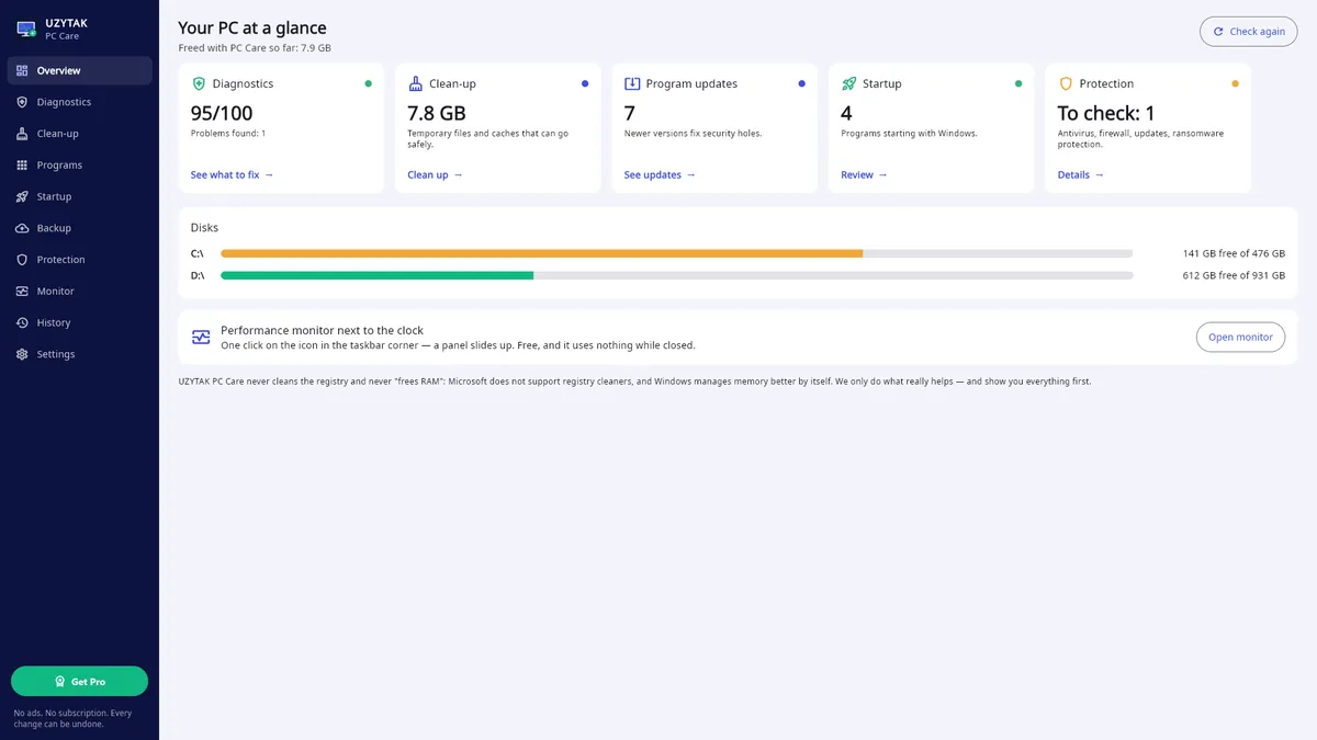 UZYTAK PC Care — Overview: health score, junk, updates, startup, protection, drives