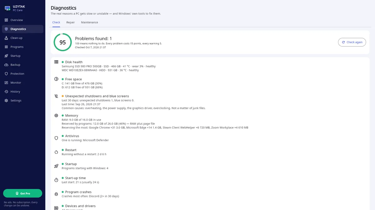 UZYTAK PC Care — Diagnostics: 10 checks and what to fix