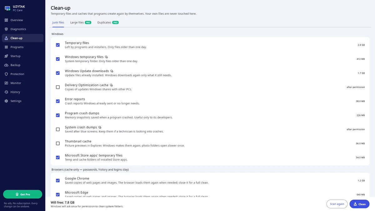 UZYTAK PC Care — Clean-up: every category explained before anything is removed