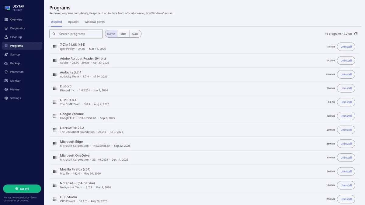UZYTAK PC Care — Programs: complete uninstall, updates, Windows extras