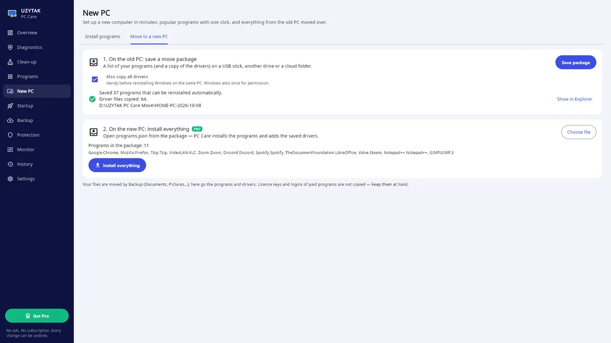 UZYTAK PC Care — Flyt til en ny pc: programliste og drivere fra den gamle pc