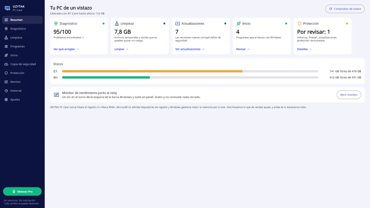 UZYTAK PC Care — Resumen: salud, basura, actualizaciones, inicio, protección, unidades