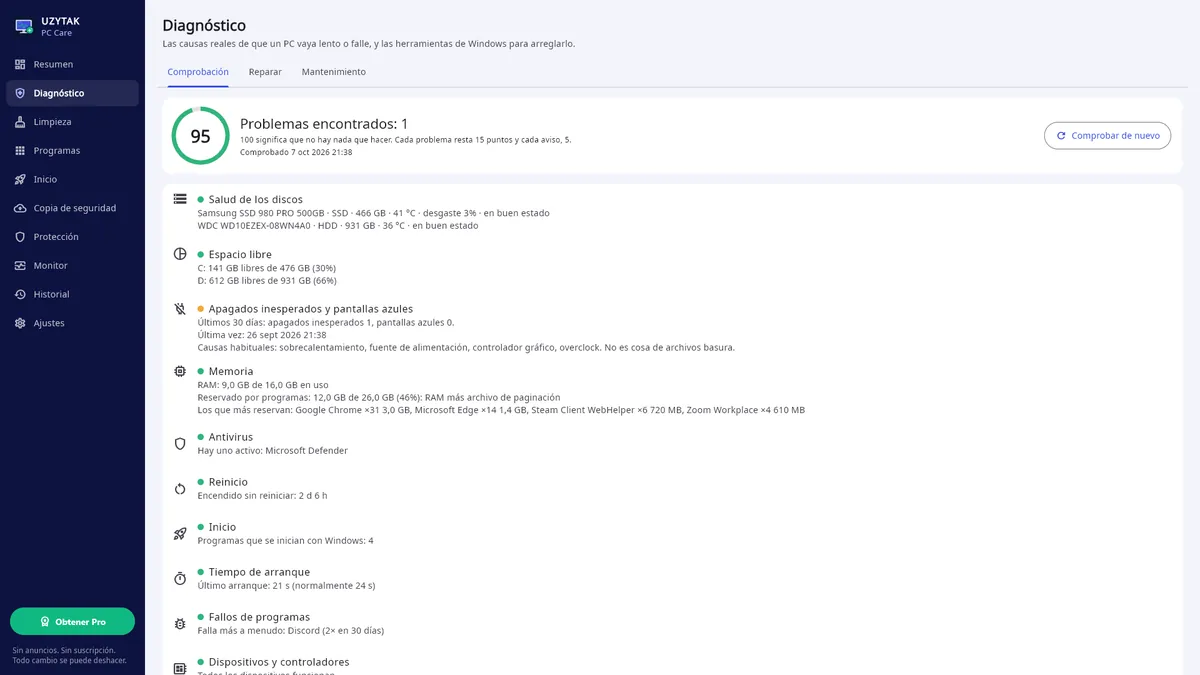 UZYTAK PC Care — Diagnóstico: 10 comprobaciones y qué arreglar