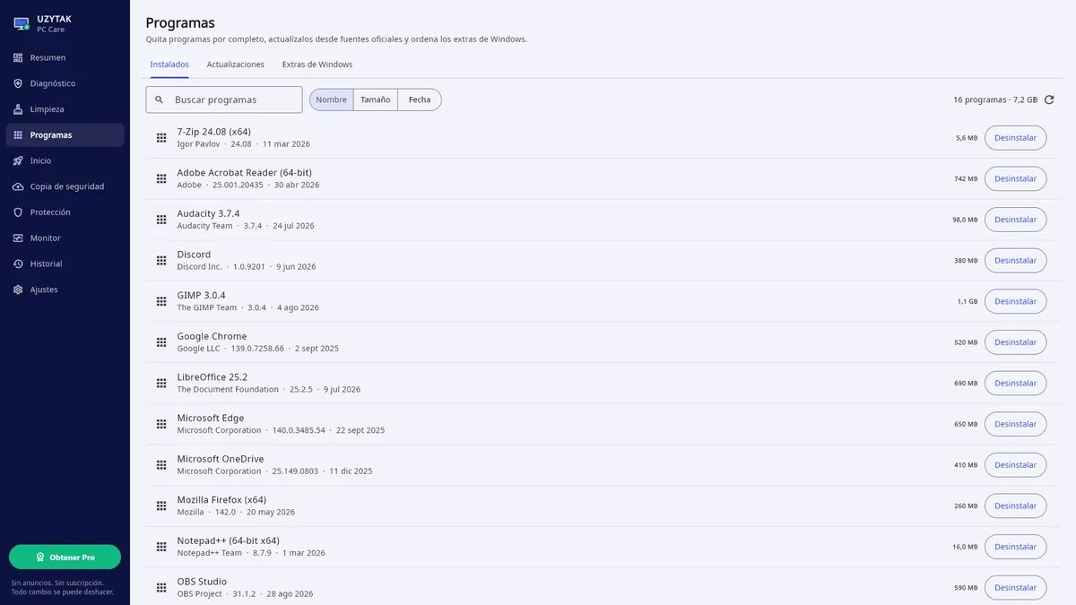 UZYTAK PC Care — Programas: desinstalación completa, actualizaciones, extras de Windows