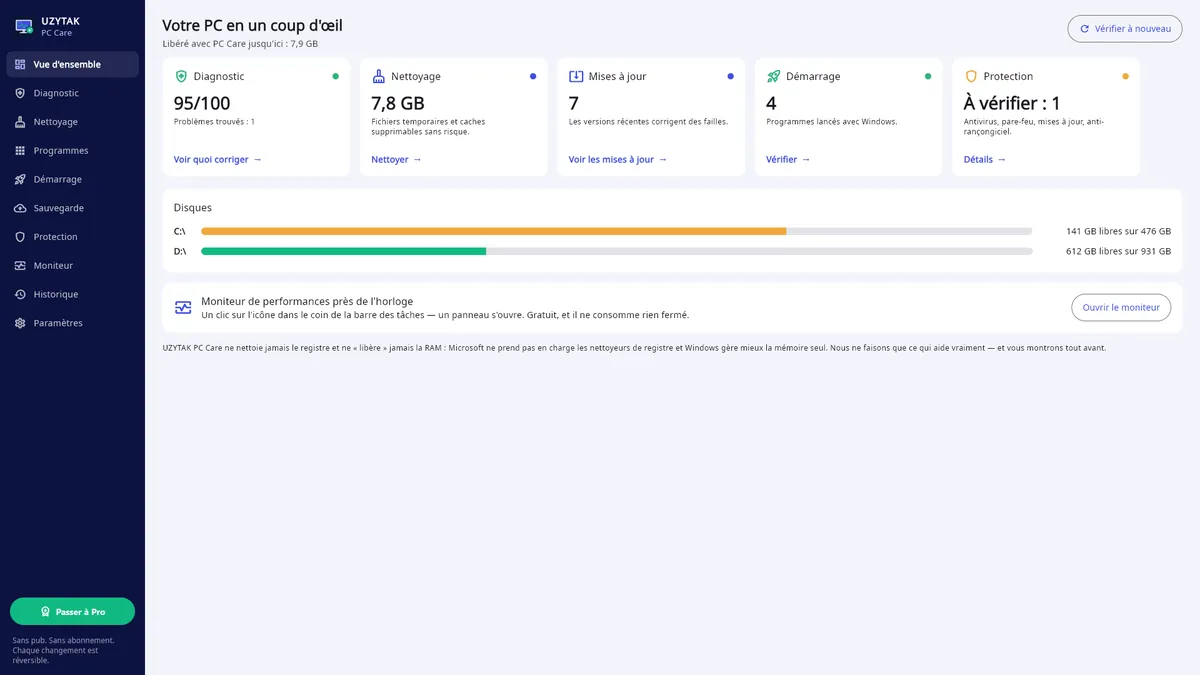 UZYTAK PC Care — Vue d'ensemble : santé, fichiers inutiles, mises à jour, démarrage, protection, lecteurs