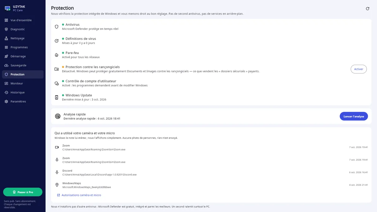 UZYTAK PC Care — Protection : la sécurité de Windows et qui a utilisé la caméra