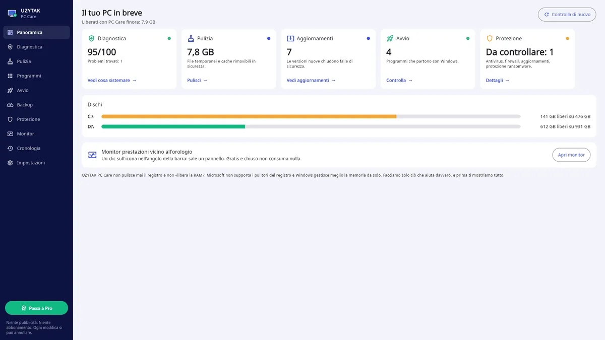 UZYTAK PC Care — Panoramica: salute, file inutili, aggiornamenti, avvio, protezione, unità