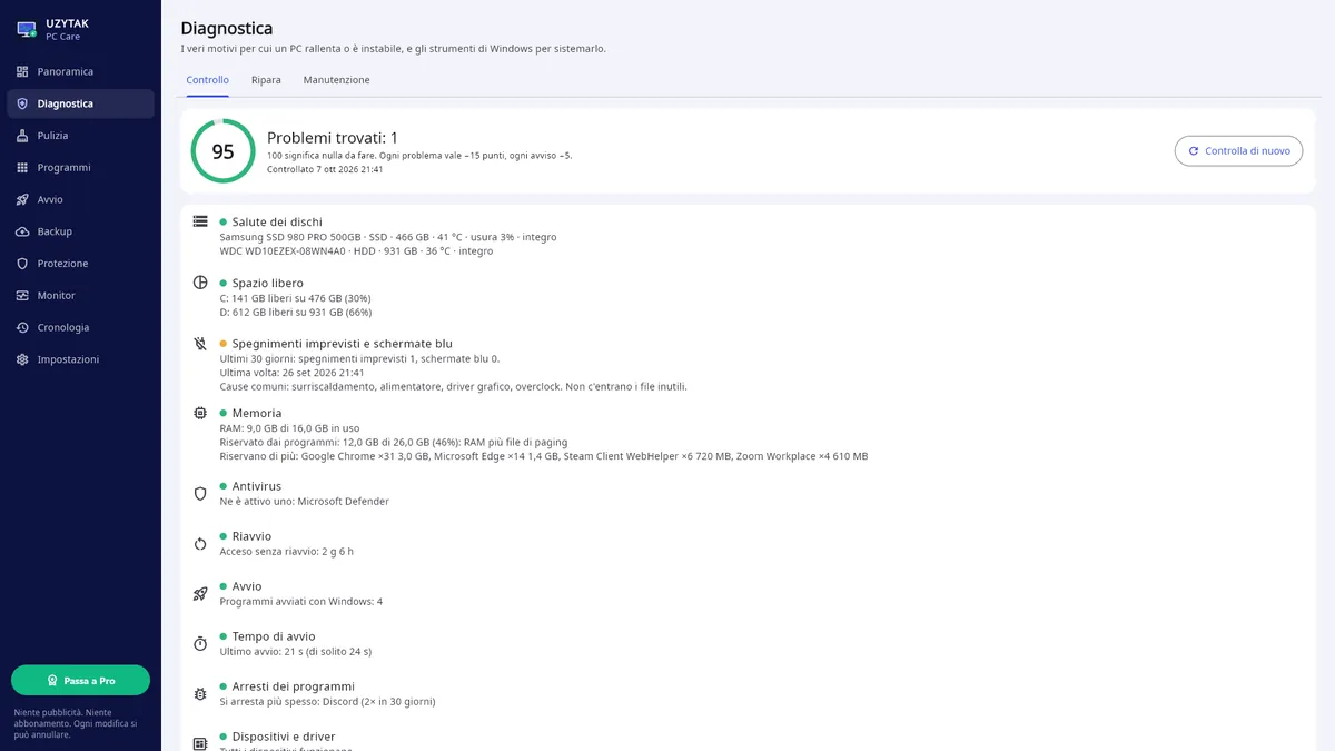 UZYTAK PC Care — Diagnostica: 10 controlli e cosa sistemare