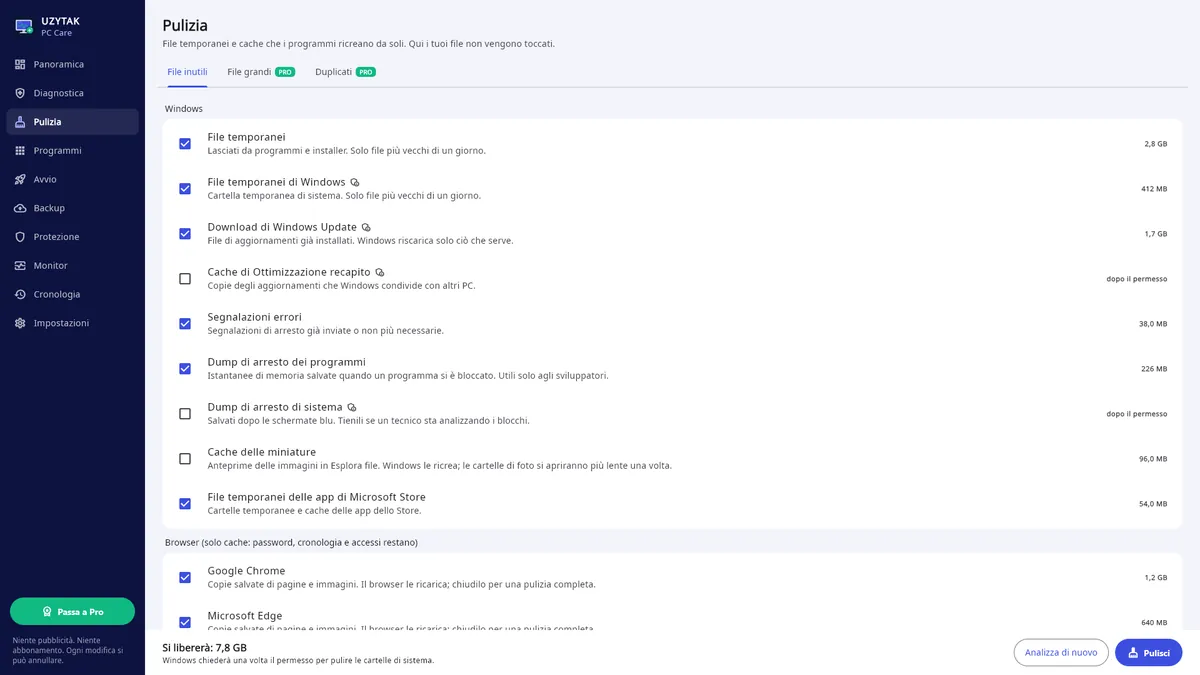 UZYTAK PC Care — Pulizia: ogni categoria spiegata prima di rimuovere qualcosa