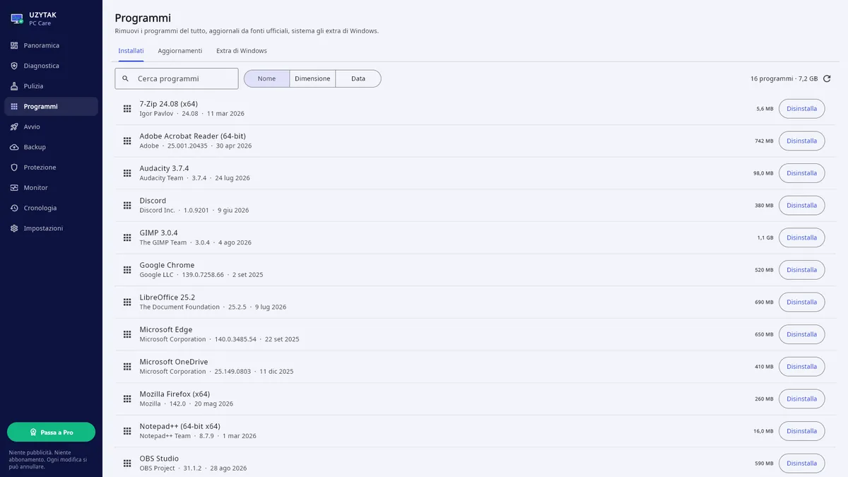 UZYTAK PC Care — Programmi: disinstallazione completa, aggiornamenti, extra di Windows