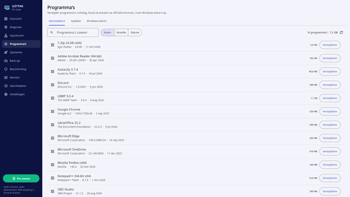 UZYTAK PC Care — Programma's: volledig verwijderen, updates, Windows-extra's