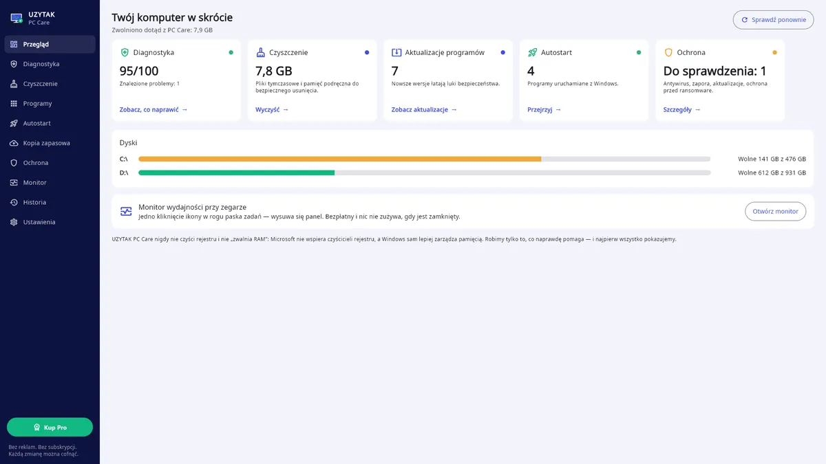 UZYTAK PC Care — Przegląd: stan, śmieci, aktualizacje, autostart, ochrona, dyski