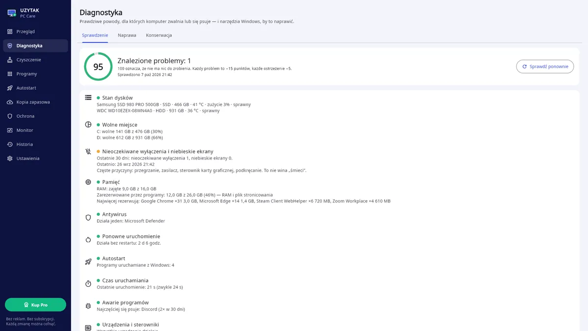 UZYTAK PC Care — Diagnostyka: 10 testów i co naprawić