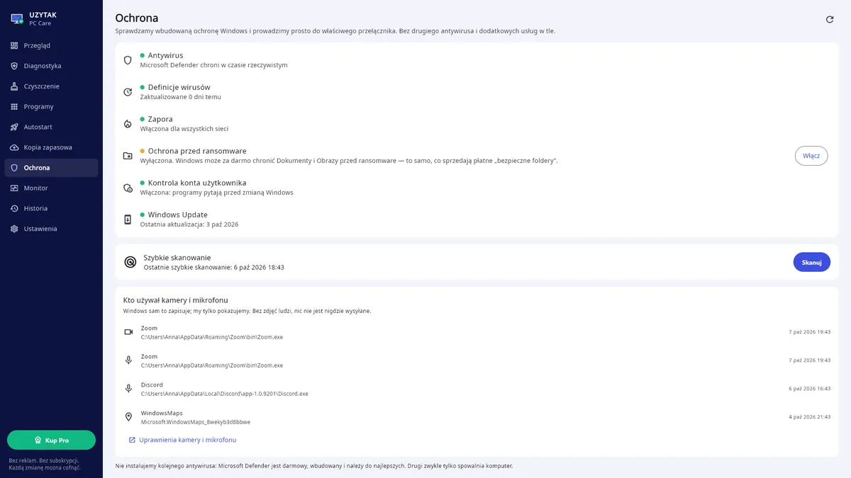 UZYTAK PC Care — Ochrona: zabezpieczenia samego Windows i kto używał kamery