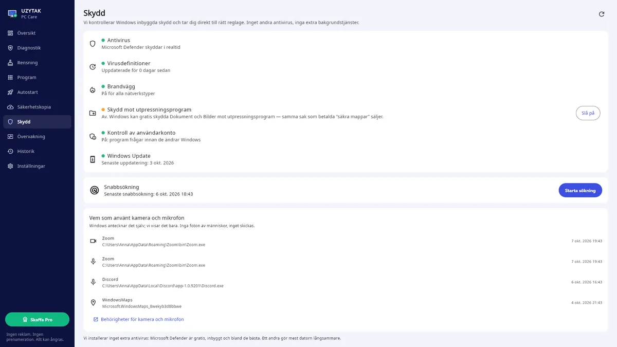 UZYTAK PC Care — Skydd: Windows eget skydd och vem som använt kameran