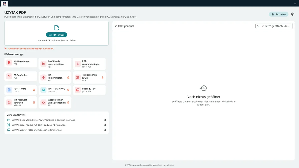 UZYTAK PDF — Startseite mit den PDF-Werkzeugen