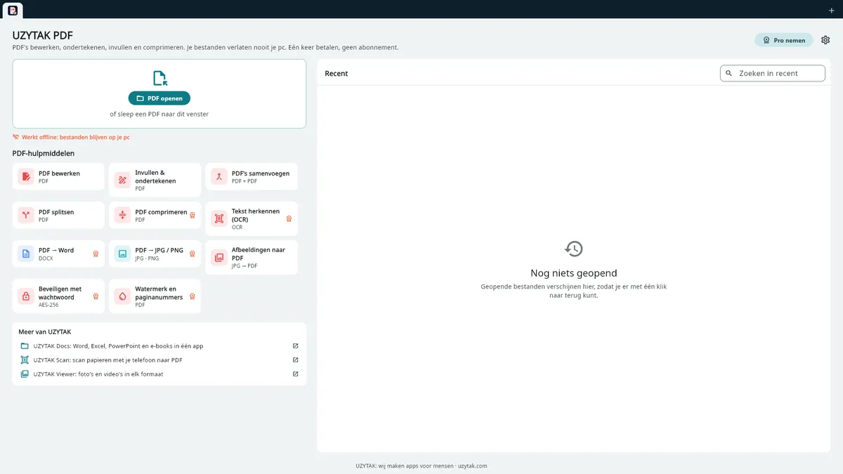 UZYTAK PDF — Startscherm met de PDF-hulpmiddelen