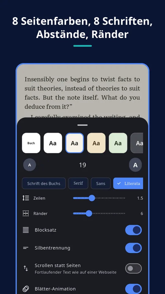 UZYTAK Reader — 8 Seitenfarben, 8 Schriften, Abstände, Ränder