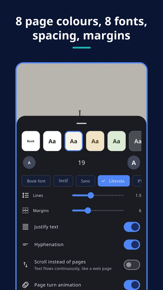 UZYTAK All Reader — 8 bladsykleure, 8 lettertipes, spasiëring, kantlyne